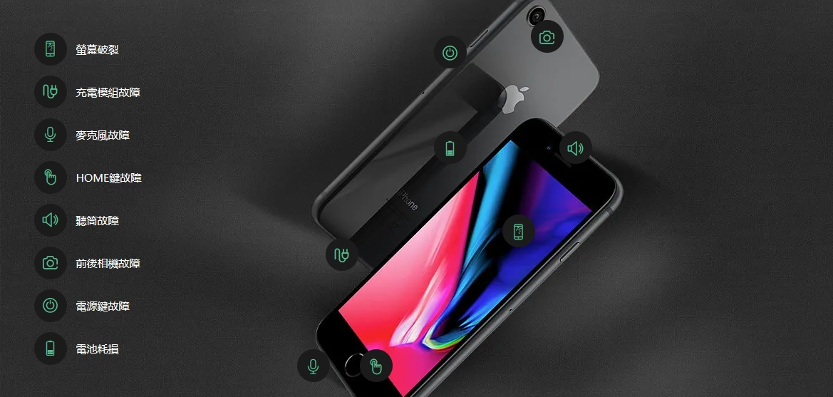 兩台黑色iPhone手機，一台正面亮屏，一台背面朝上，置於深色背景上。